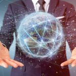 centralized data man holding virtual globe