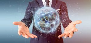 centralized data man holding virtual globe