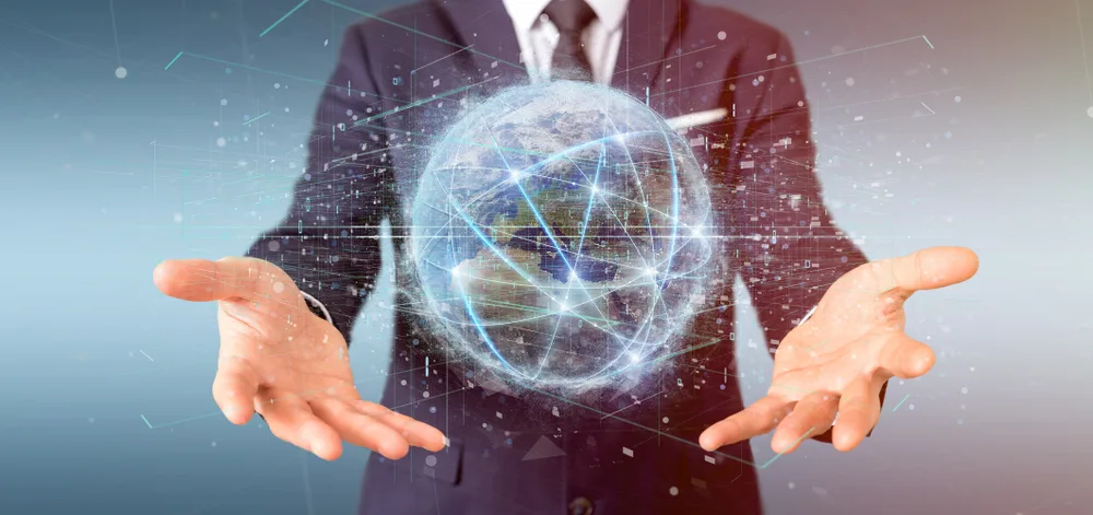centralized data man holding virtual globe