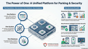OPSCOM unified parking enforcement and management software platform showing one database architecture connecting permits, LPR, violations, and incidents